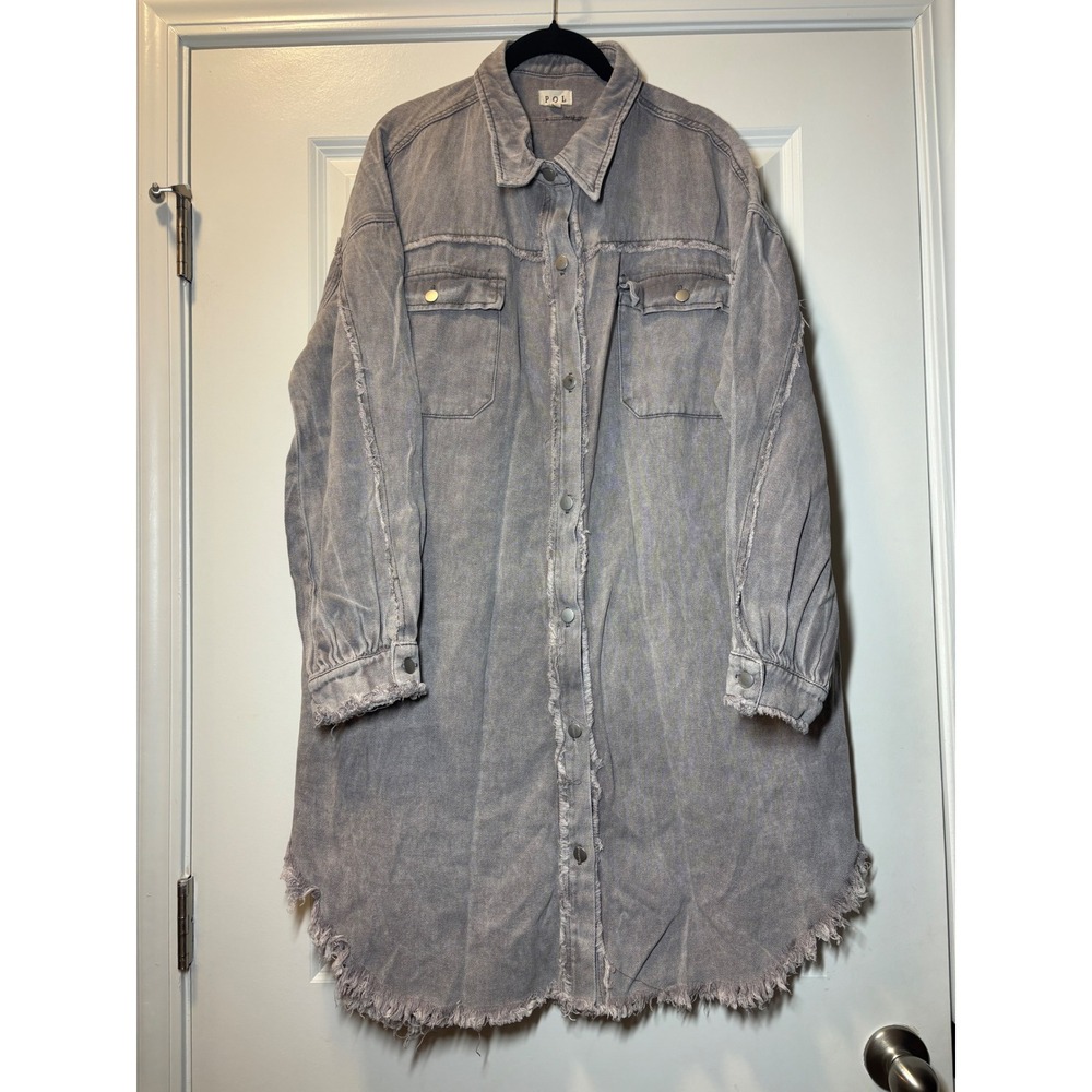 POL Womens Longline Denim Dress/Shacket Distressed Frayed Hem - Large